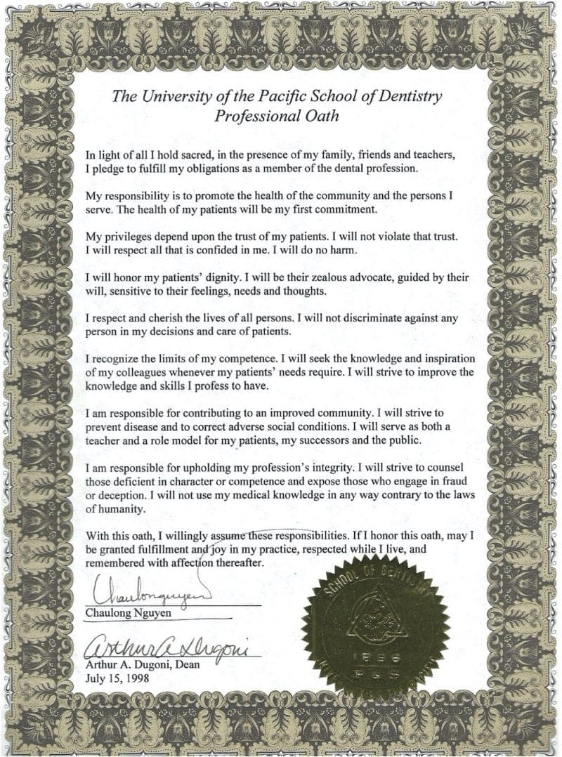 Dr. ChauLong Nguyen's Professional Oath from the University of the Pacific School of Dentistry, signed July 15, 1998