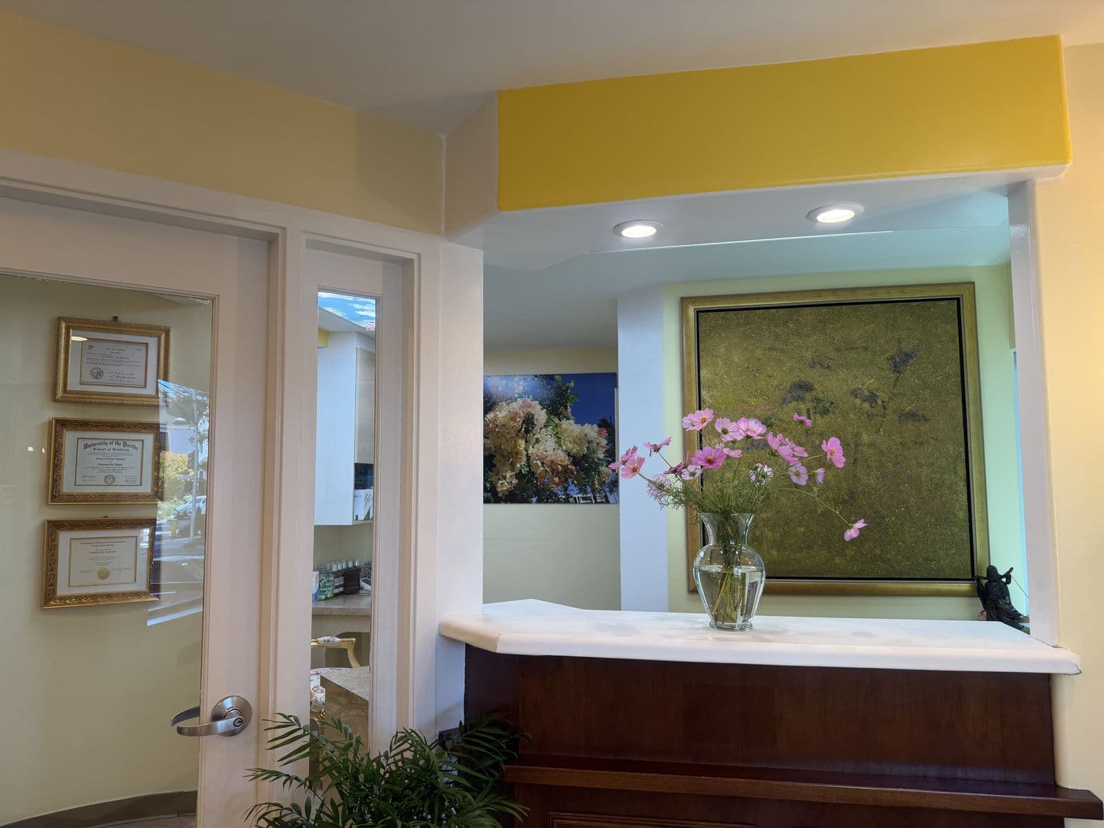 Reception window with fresh flowers