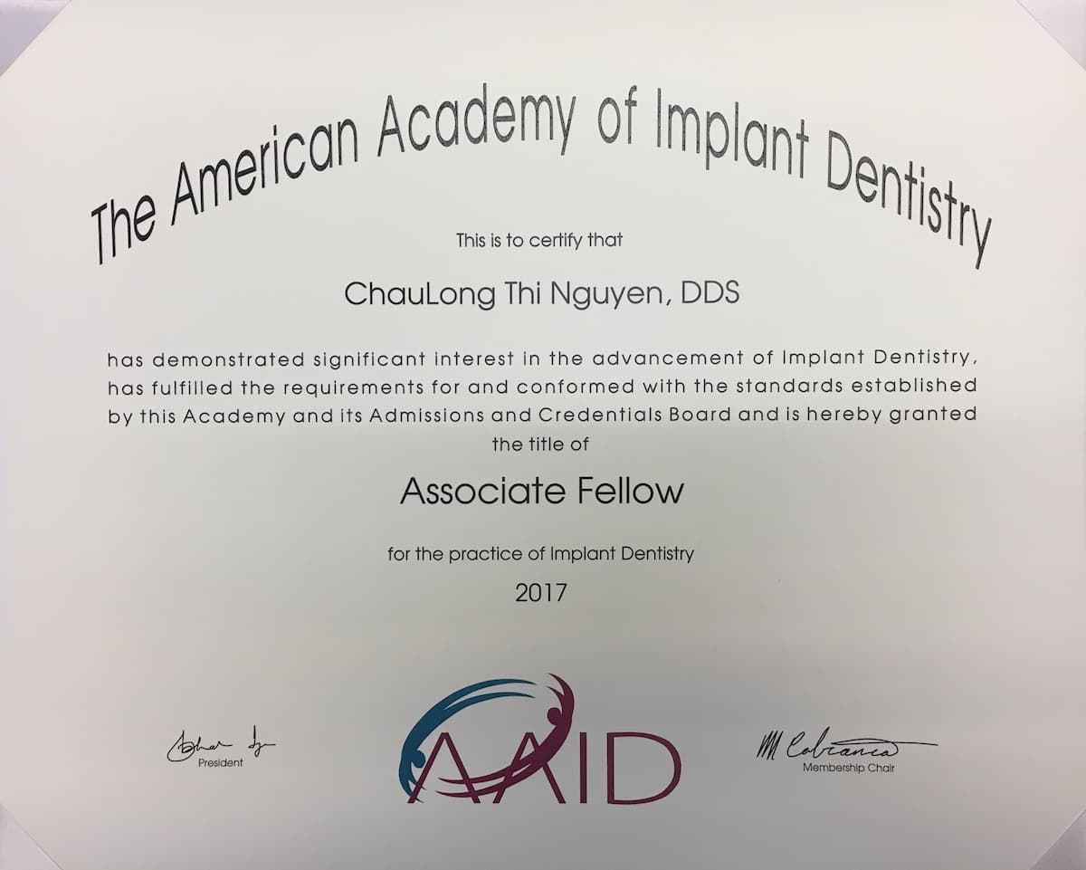 Associate Fellow, American Academy of Implant Dentistry, 2017